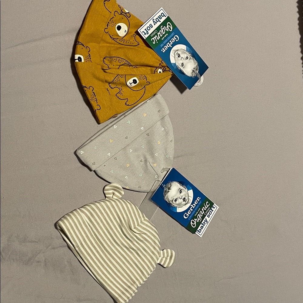 Gerber Baby Hat Set - Mustard, Light Gray, Cream Stripe